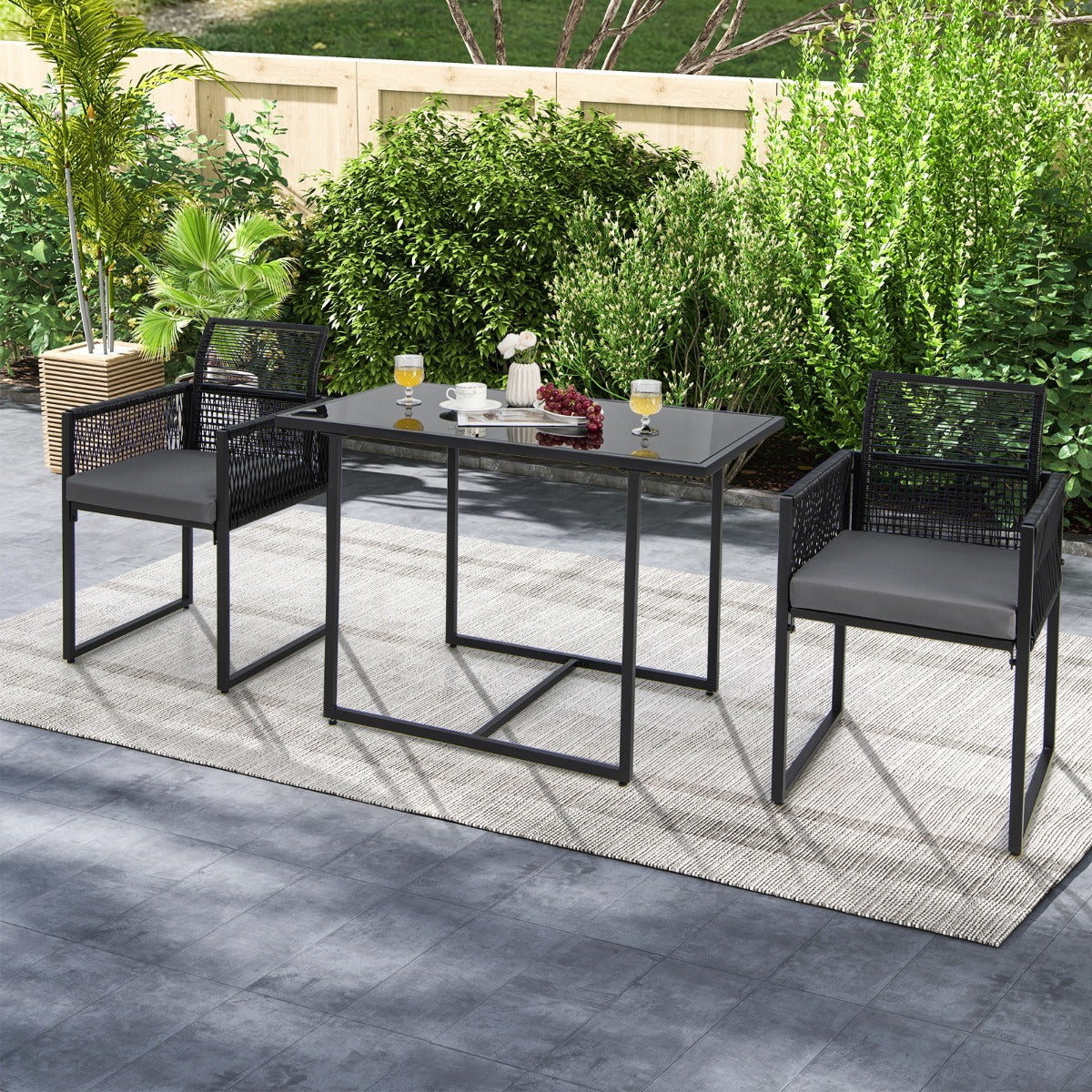 3 Pieces Space-Saving Patio Rattan Outdoor Dining Set-Black